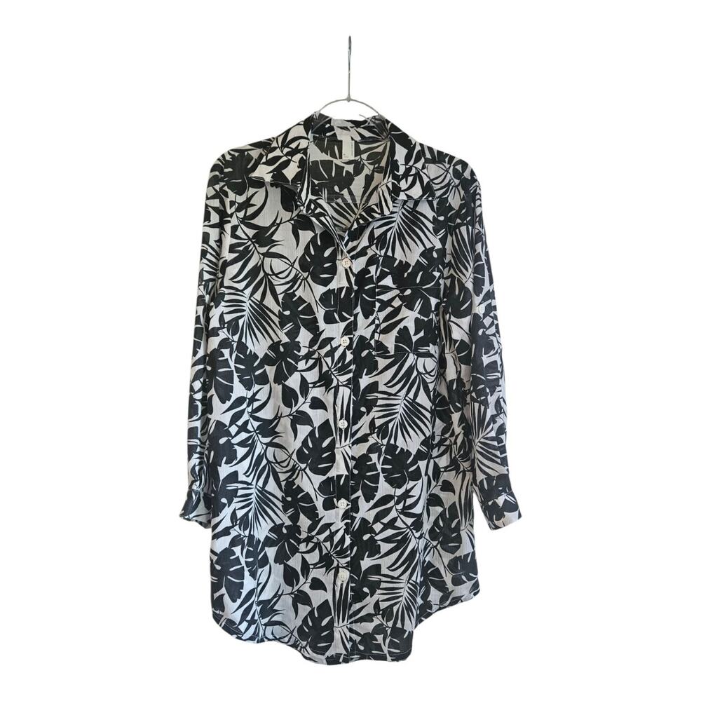 Sonnet Shores Womens Size M Swim Cover-up Tropical Black White Roll-Tab Sleeves